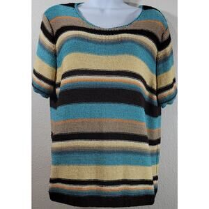 JM Woman Teal Multicolored Striped Crew Neck Top 2X Lightweight Soft Stretch